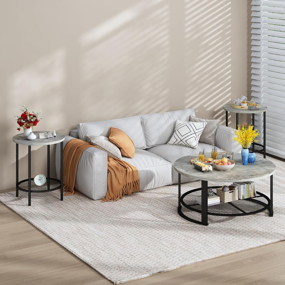 Recaceik Round Coffee Table and End Table Set of 3 with Storage, Modern Vinta...