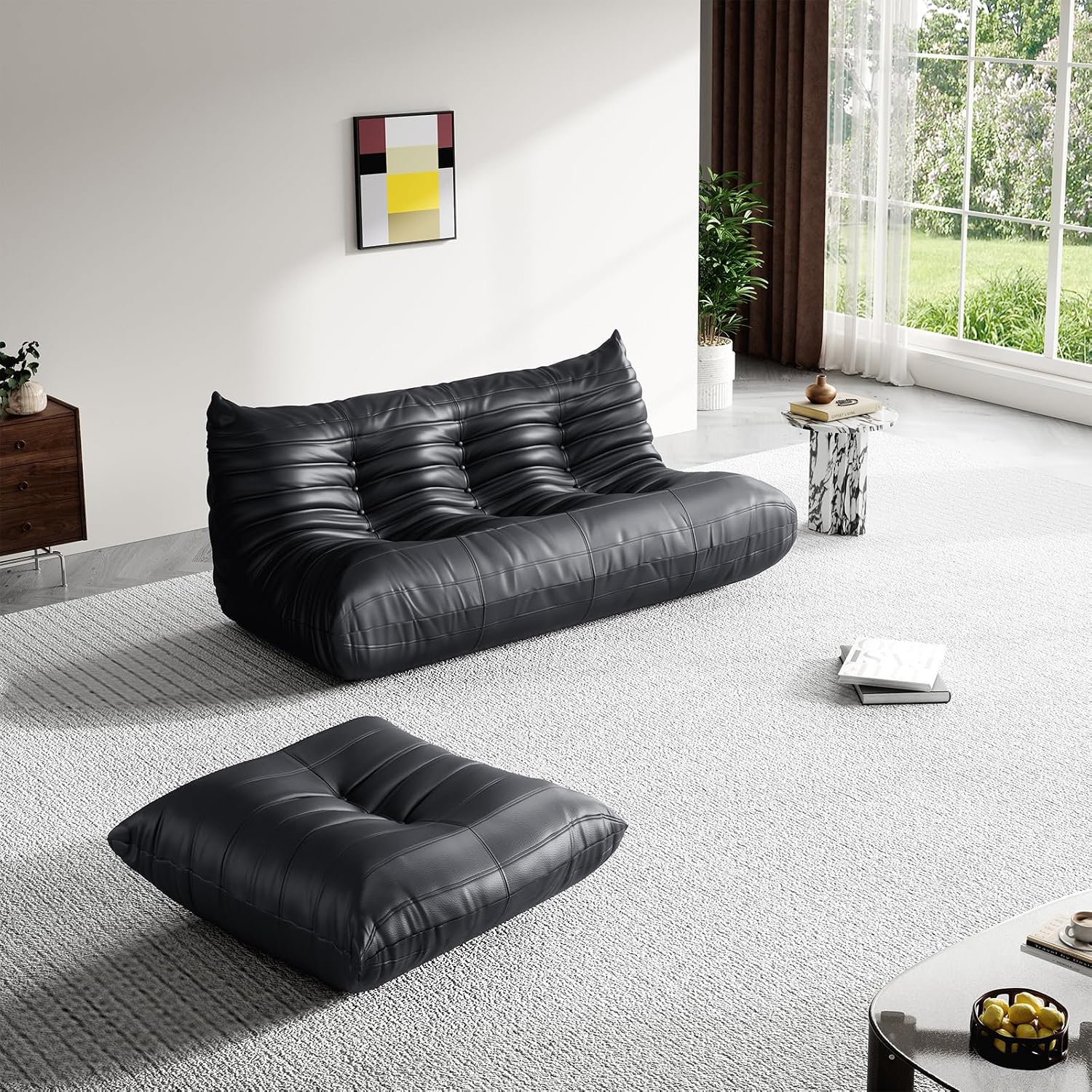 Foam Bean Bag Chairs for Adults,Big Faux Leather Bean Bag Lounger Couches, Modern Sofa,Floor Lazy Sponge Couch for Living Room Bedroom Dorm Office,Black