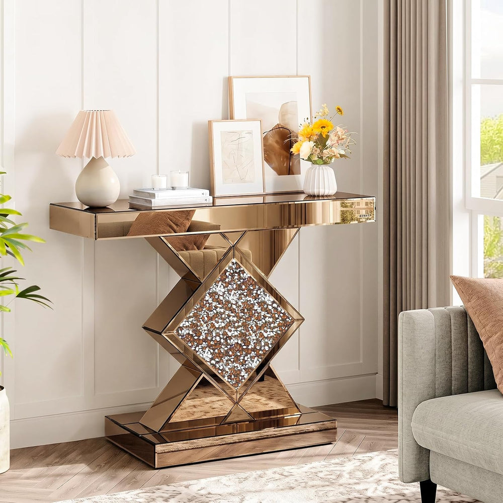 Tea-Colored Mirrored Console Table with Crushed Diamond lnlay, 32" Long ...