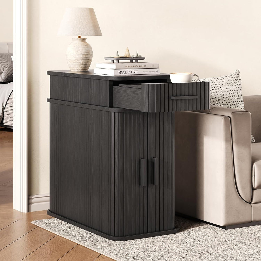 Side End Table with Charging Station, Slim Nightstand with Drawer, Mid-Centur...