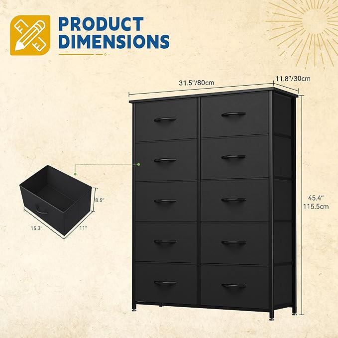 DWVO 10 Drawers Dresser, Fabric Dresser, Fabric Storage Tower, Organizer Unit for Living Room, Hallway, Closets