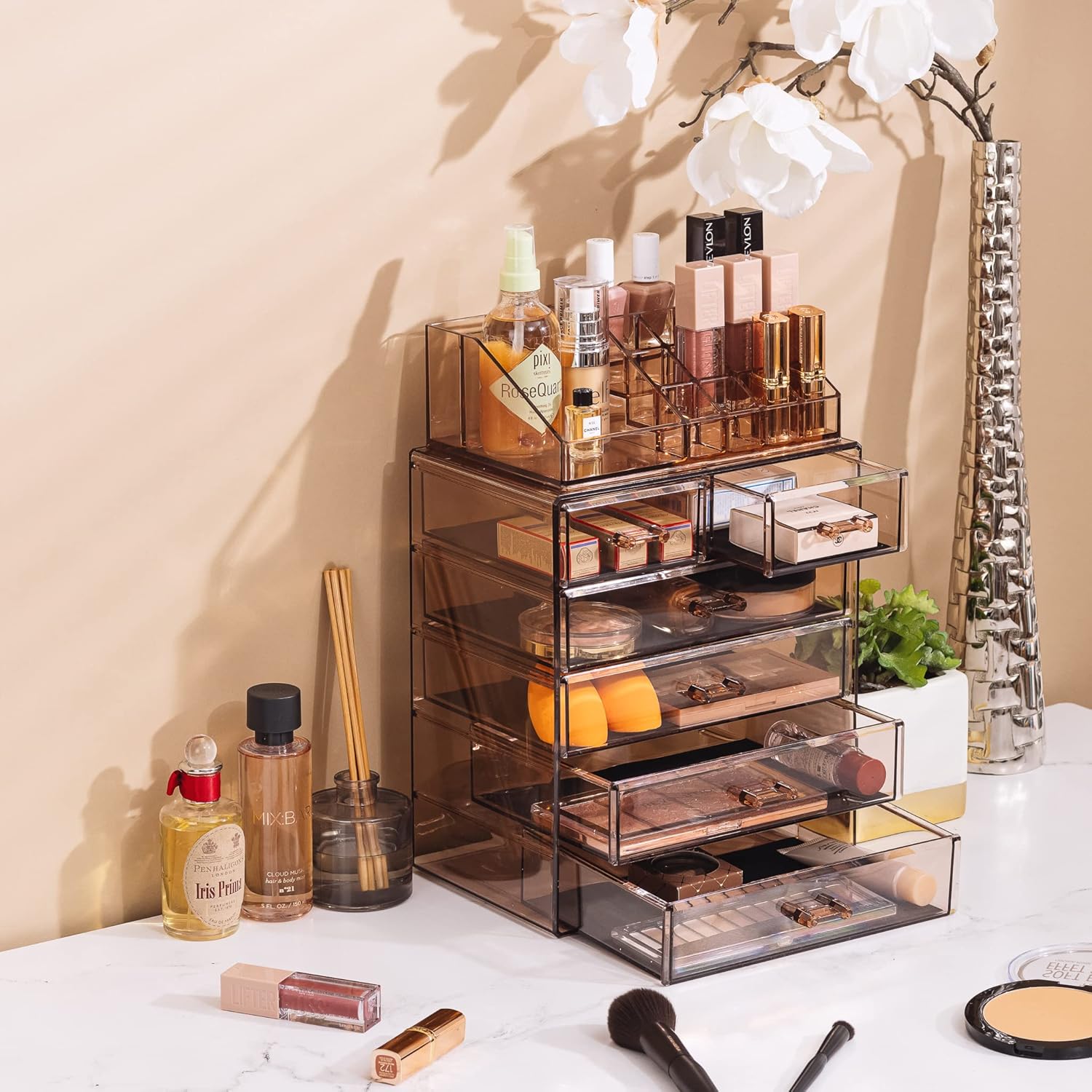 Sorbus Acrylic Makeup Organizer Set, 6-Drawer Vanity & Countertop Cosmetic Storage with Small & Wide Compartments, Bronze Glow Makeup Storage for Brushes, Jewelry – Holiday Gift for Women & Teens