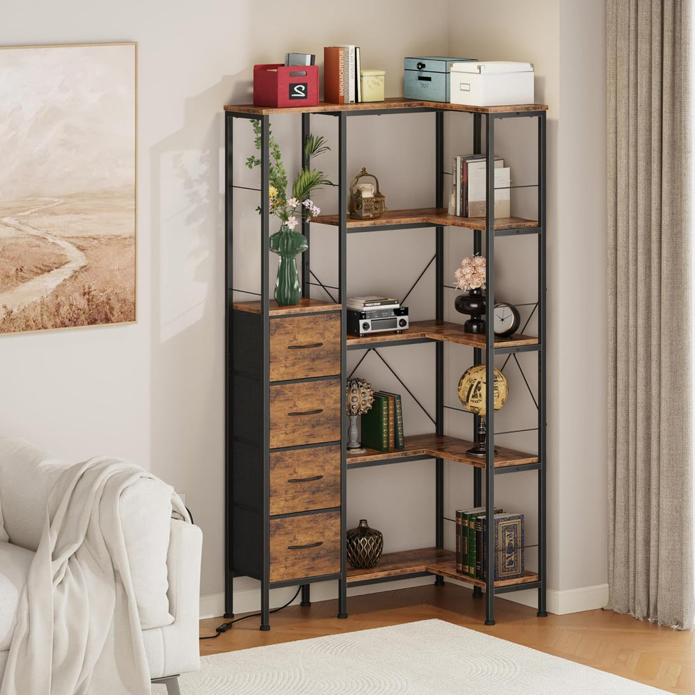AFLUI 5-Tier Corner Bookshelf with LED Light Strips, 4 Fabric Drawers