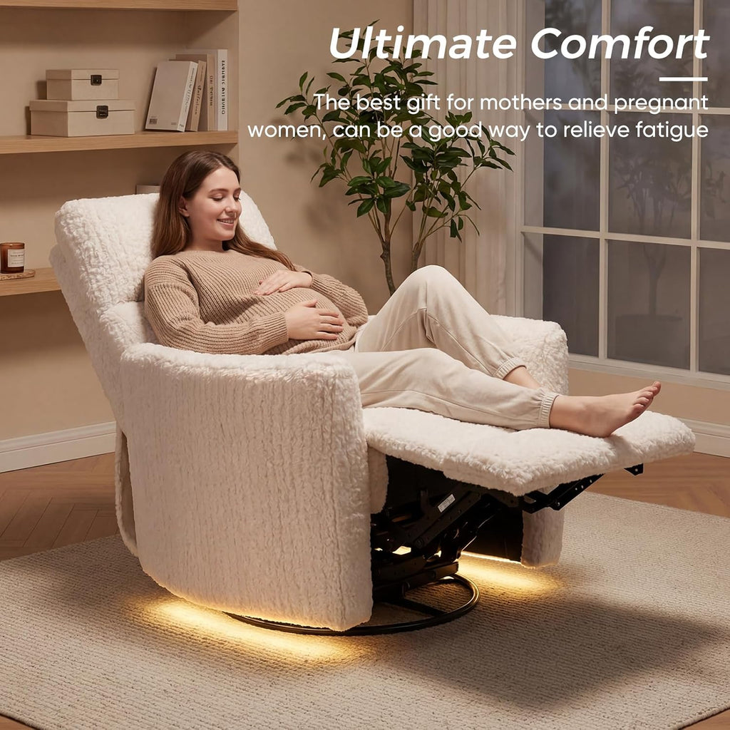 Power Swivel Rocker Recliner, Large Nursery Glider, USB A&C, Beige | Fluffy Plush Nursery Chair w/ 2 Pillows, USB and Type-C Ports, Night Light,for Living Room,Bedroom,Nursery