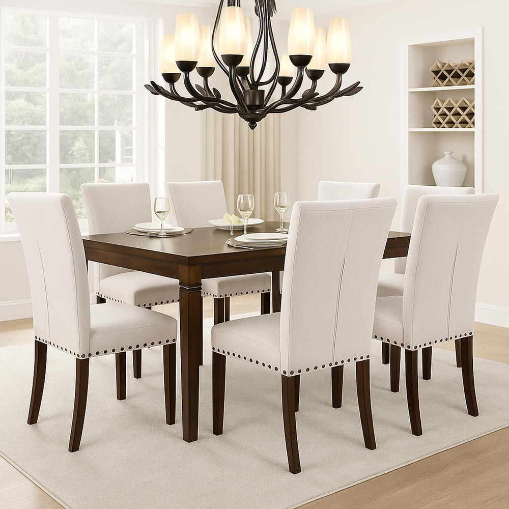 Set of 4 Beige Upholstered Dining Chairs, Farmhouse Kitchen Chairs with High ...