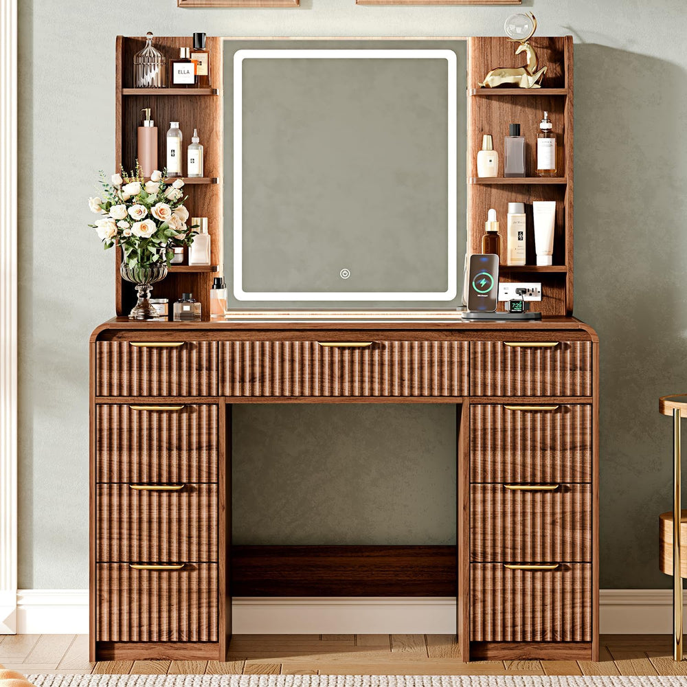 43" Makeup Vanity Desk with Mirror and Lights&Power Outl, 3 Adjustab...