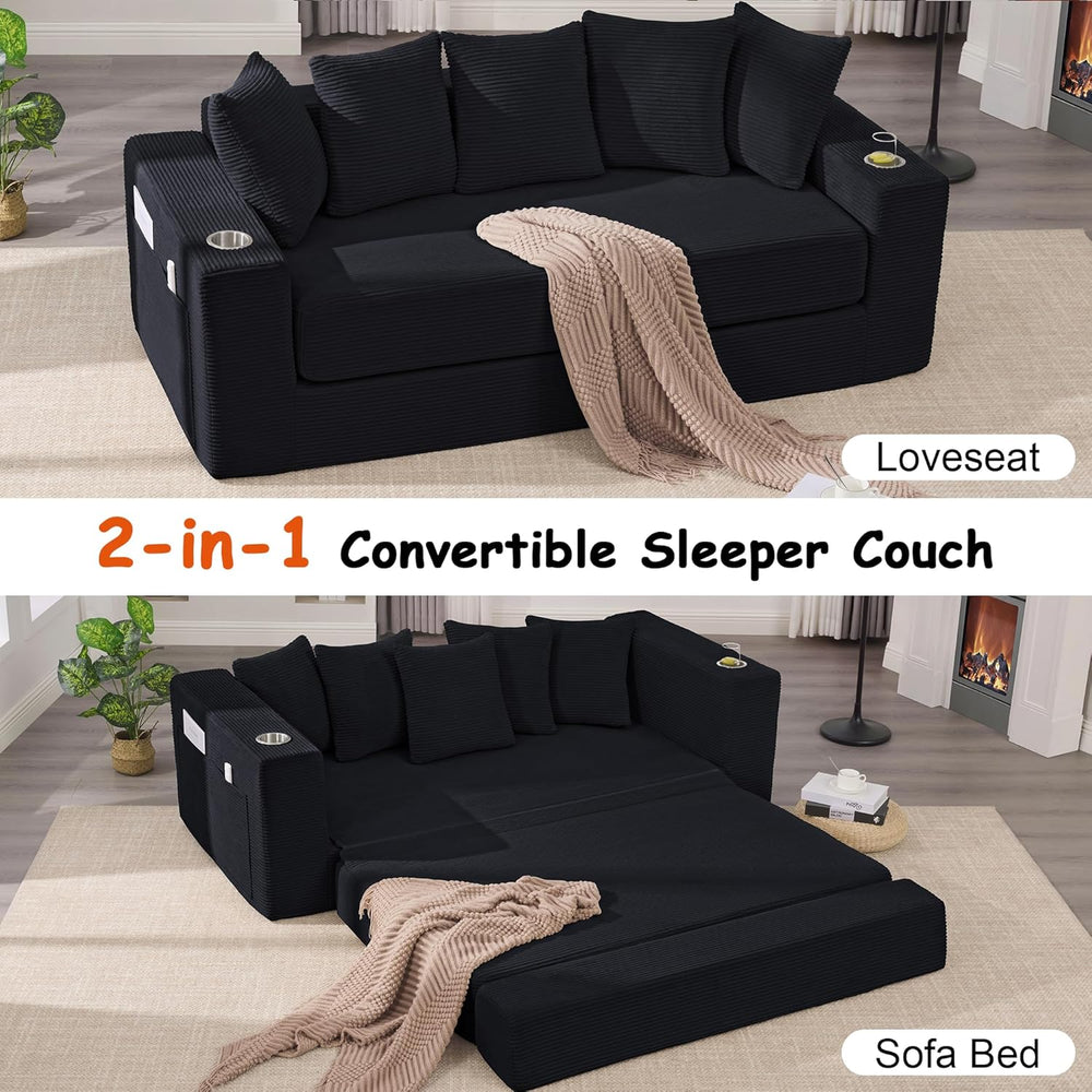 76" Convertible Sofa Bed, Corduroy Couch with Cup Holders & Pocket |...
