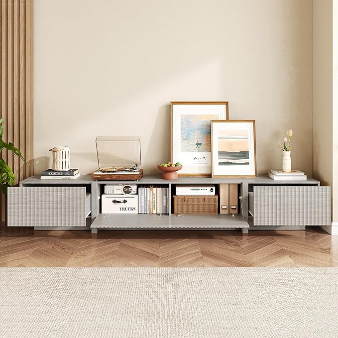 98" TV Stand for Living Room, Modern Entertainment Center with Drawers & Storage Compartments, Large TV Console Fits 55”-95” TVs, Square Top with Grooved Drawer Fronts & Stable Base,Grey