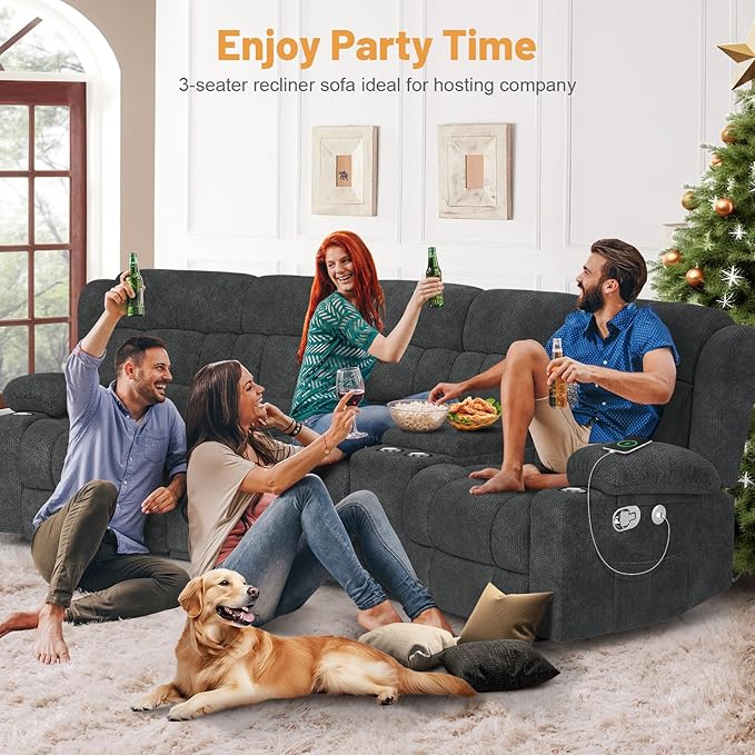 Recliner Sofa with Storage Console, Flip Middle Backrest Design 3 Seat Reclining Sofa with Storage Drawer, USB Ports & Cup Holders, Manual Couch for Living Room (Gray, 3 Seater + Console)