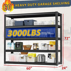 60" W Garage Shelving Heavy Duty,5 Tier Storage Shelves,3030LBS Adjustable Shelf Unit, Metal Garage Shelving for Warehouse Industrial Basement, 72" H × 60" W × 24" D, Black