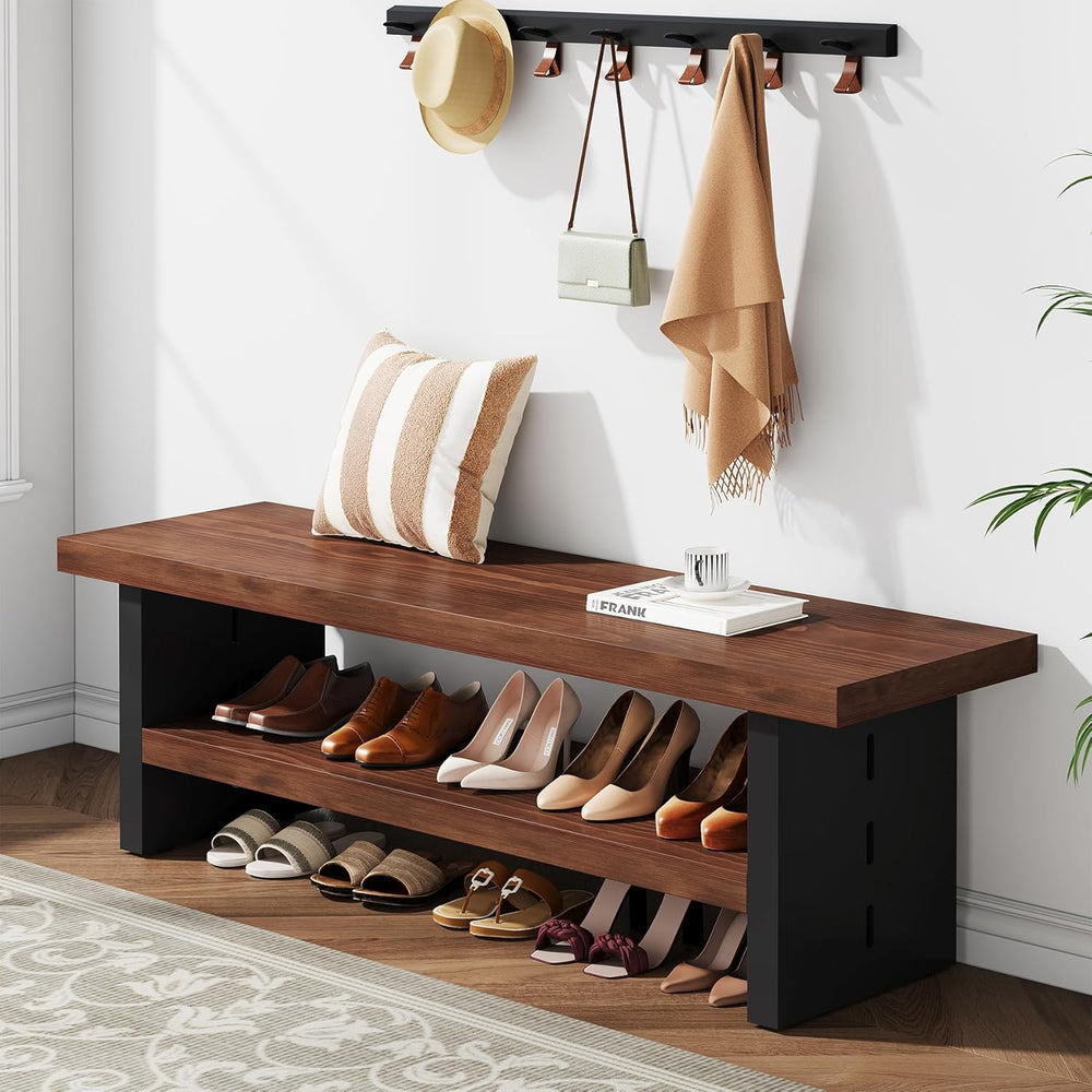 47" Solid Wood Entryway Bench with Shoe Storage, 2-Tier Modern Farmhouse...