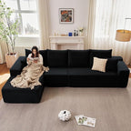 135" Modular Sectional Couches for Living Room, Comfy Boneless L Shaped Cloud Couch with Chaise Lounge, Modern Cozy Corduroy Deep Seat Floor Sofa, Memory Foam, No Assembly Required, Black