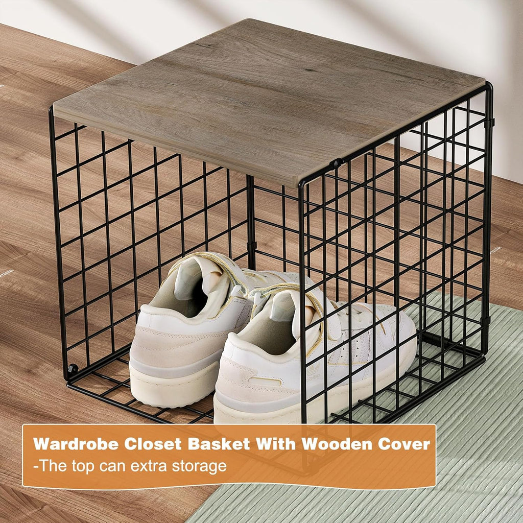 4-Tier Stackable Closet Organizers and Storage Basket, Shelves with Wood Top, Foldable Clothes Storage Bin/Cube Drawer Organizer for Wardrobe, Space-Saving, Closet Organization,Black(Patent Pending) ﻿