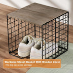 4-Tier Stackable Closet Organizers and Storage Basket, Shelves with Wood Top, Foldable Clothes Storage Bin/Cube Drawer Organizer for Wardrobe, Space-Saving, Closet Organization,Black(Patent Pending) ﻿