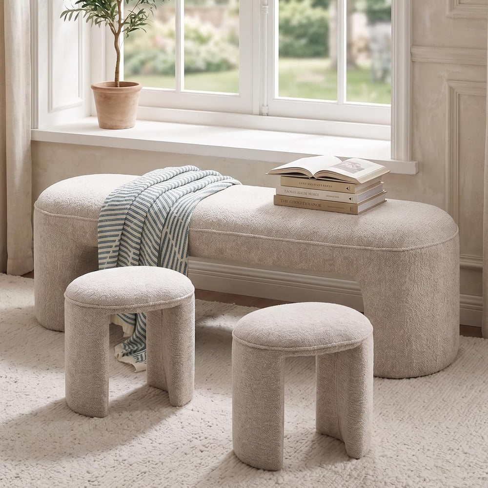 53" Chenille Ottoman Bench with 2 Nesting Ottomans, Oatmeal | 3-Piece Sp...