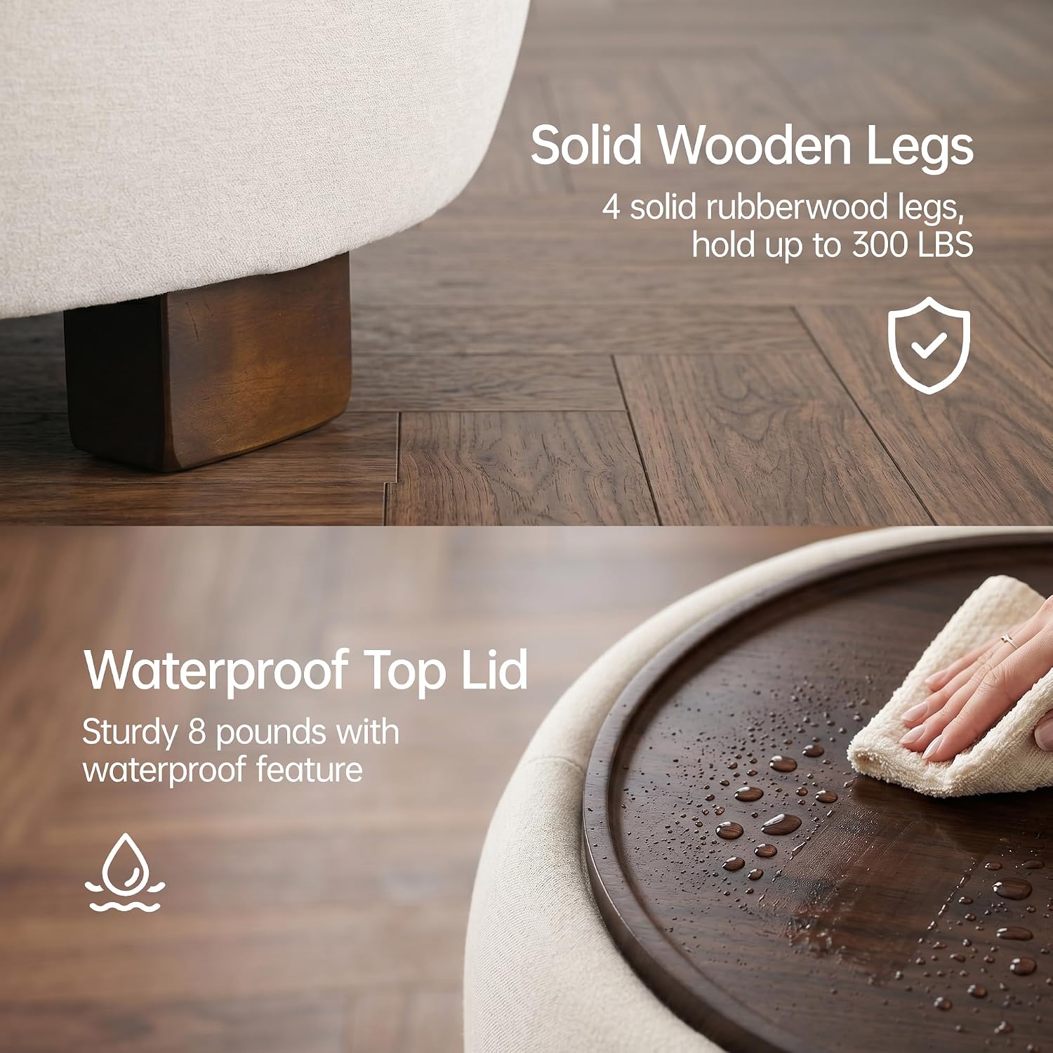 VKNOW 30" Round Storage Ottoman Coffee Table, Ottoman with Sotrage with Lift-Off Lid and Solid Wood Legs, Coffee Tables for Living Room, Bedroom, Apartments, Corners, Beige