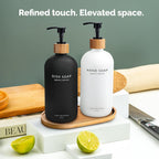 Vine Creations Glass Soap Dispenser Set, Hand Soap and Dish Soap Dispenser Set with Bamboo Tray, 16 oz Glass Dispensers Bottle for Kitchen and Bathroom Decor Modern Boho with Bamboo Pump (Black/White)