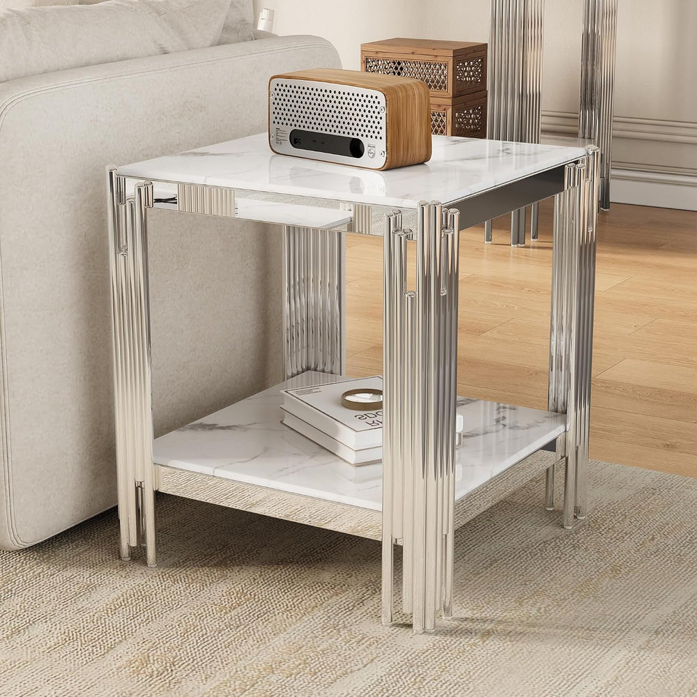 19" White Marble Side Table, 2-Tier Square Modern End Table with Silver ...