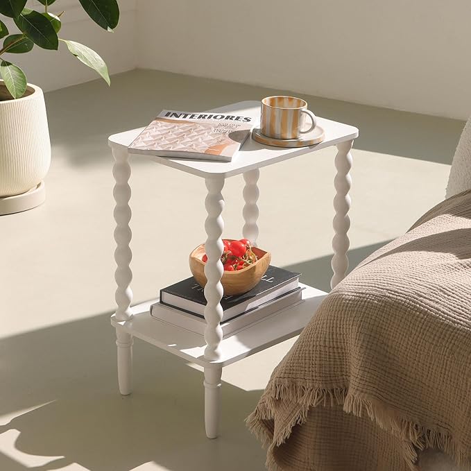 White End Table, Small Side Table with Storage Shelf, 2-Tier Modern NightStan...