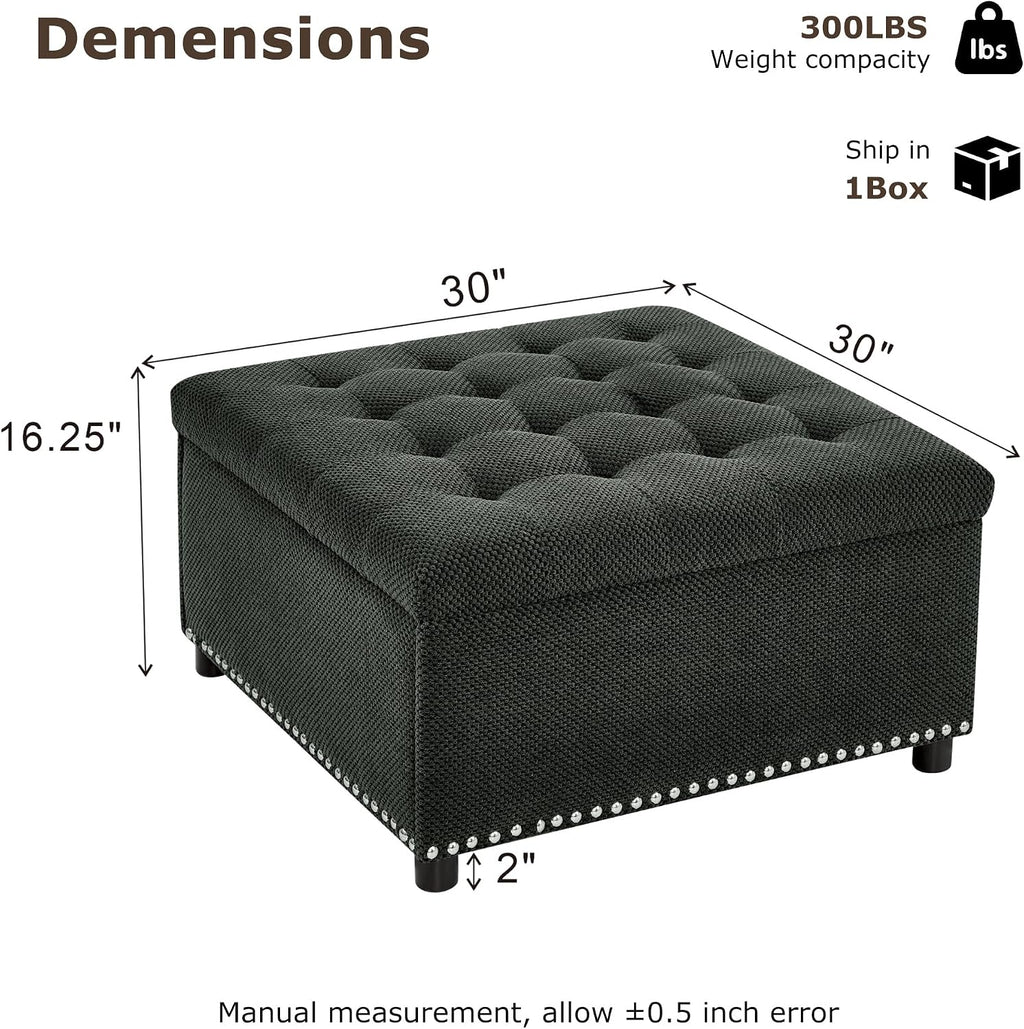 Mofolit Square Storage Ottoman Versatile Coffee Table(30",Dark Grey) | Vintage Tufted Nailhead Ottoman Couch Footrest For Living room ,Bedroom ,Entryway And Apartment.