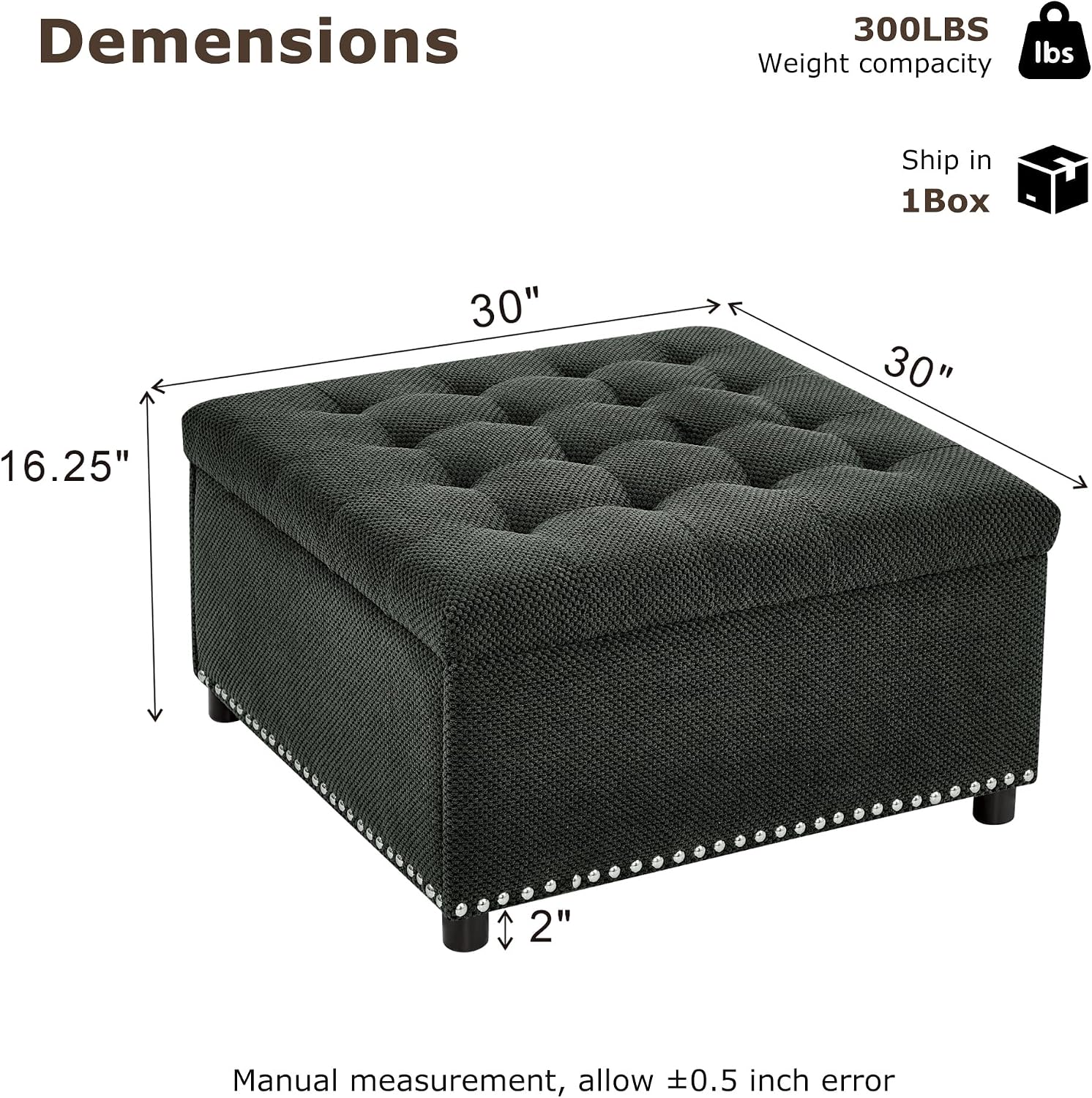 Mofolit Square Storage Ottoman Versatile Coffee Table(30",Dark Grey) | Vintage Tufted Nailhead Ottoman Couch Footrest For Living room ,Bedroom ,Entryway And Apartment.