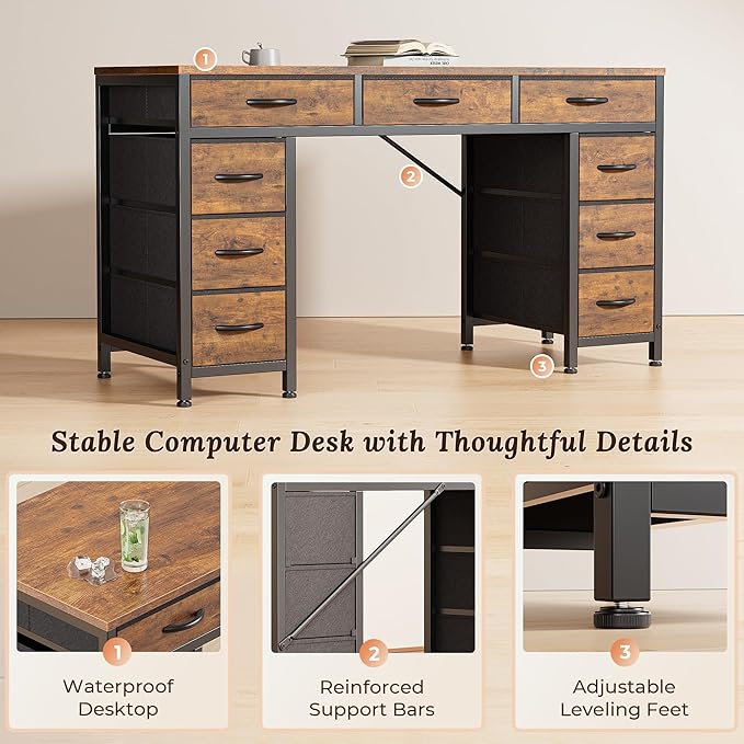 PRAISUN 54 Inch Office Desk with Outlets, Computer Desk with 9 Fabric Drawers, Writing Gaming Work Study Desk for Bedroom, Living Room, Home Office, Large Storage, Rustic Brown