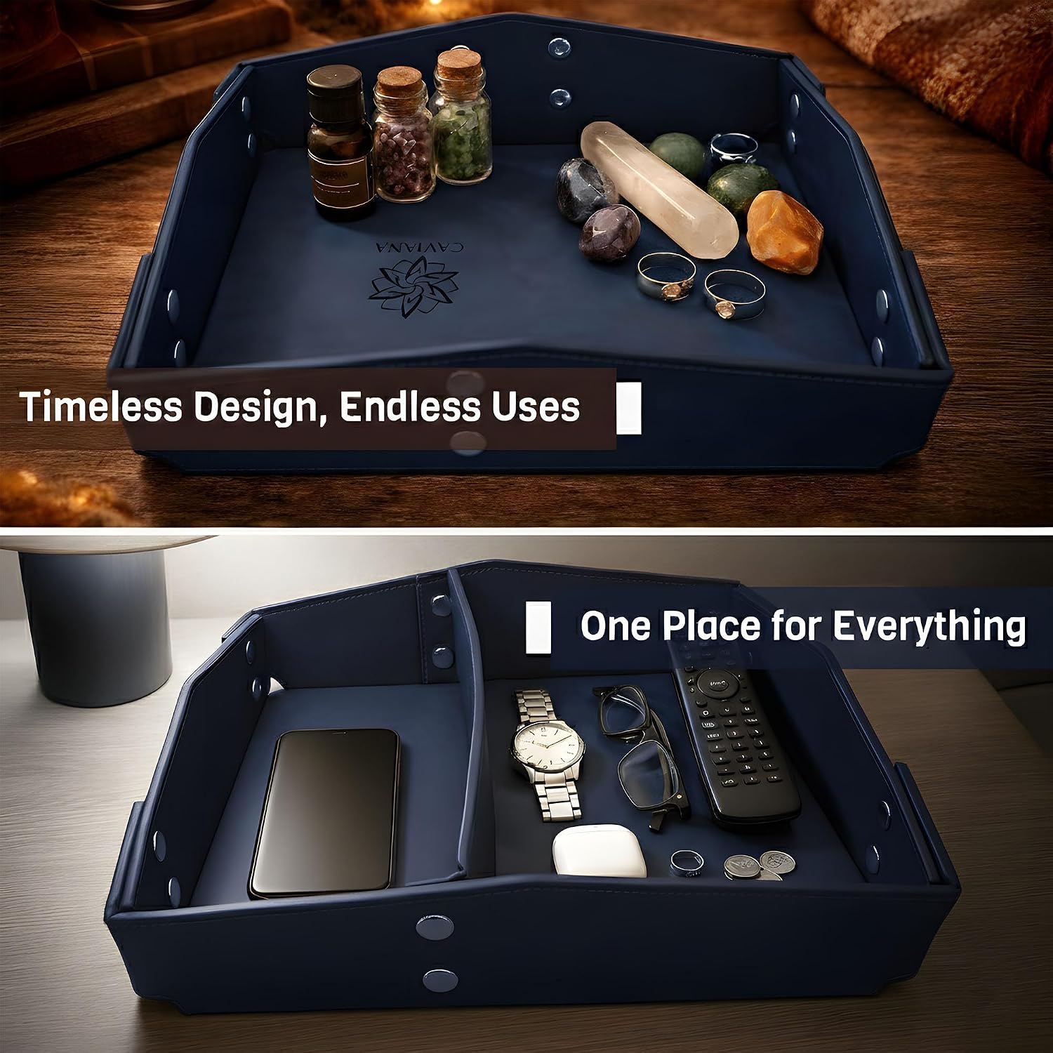 Valet Tray Organizer for Men & Women - PU Leather Catch All Tray with Removable Divider - EDC Storage for Keys, Watch, Phone - Nightstand, Dresser & Desk Organizer - Pacific Navy