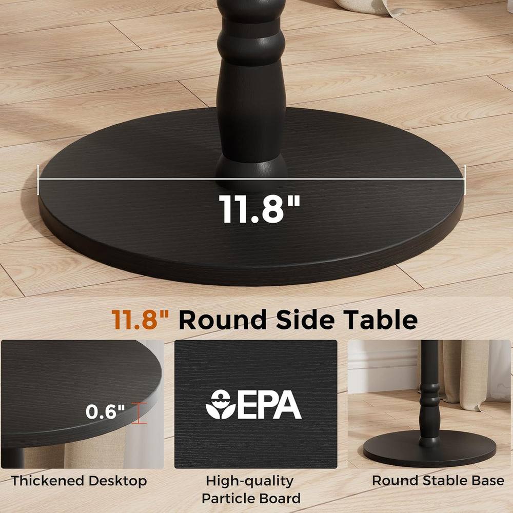 Homleke 12" Round Side Table, Solid Wood Pillar with Wood Top & Base...