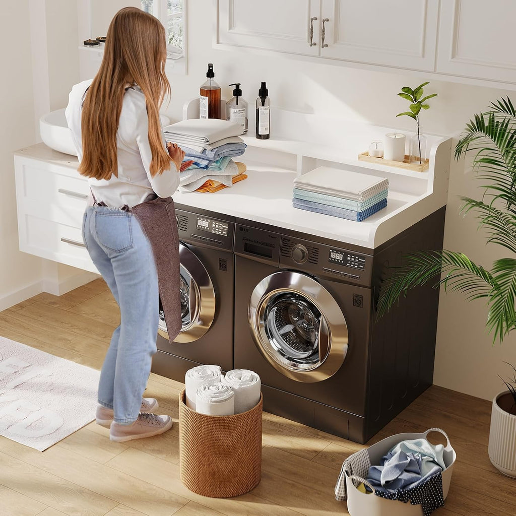 2-Tier Washer Dryer Countertop with 2.75"H Edge Rails, 54" W x 27.55" D Laundry Countertop for Folding Clothes, Washer and Dryer Topper with Non-Slip Pad (White)