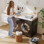 2-Tier Washer Dryer Countertop with 2.75"H Edge Rails, 54" W x 27.55" D Laundry Countertop for Folding Clothes, Washer and Dryer Topper with Non-Slip Pad (White)