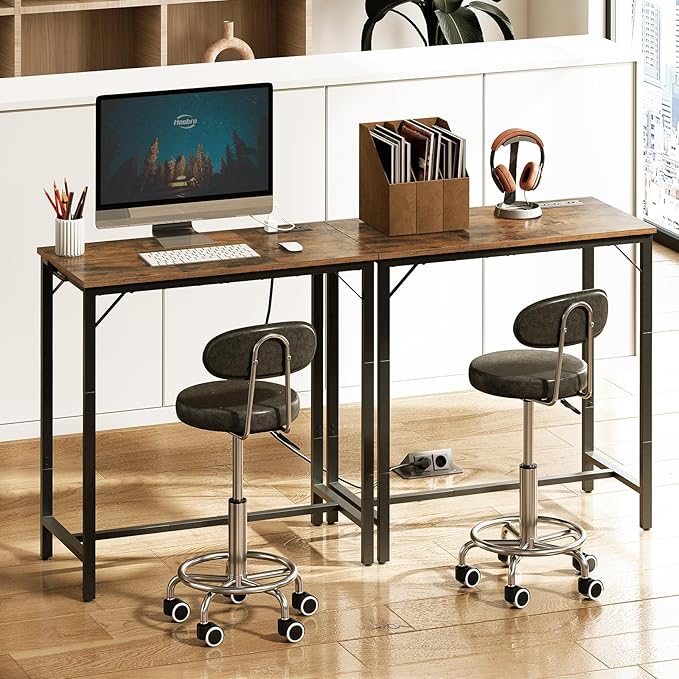 HOOBRO Bar Table with Charging Station, Rectangular Pub Table, High Top Coffee Table, Counter Bar Height Table, Narrow Long Dining Table, 35.4" L x 15.7" W x 35.6" H, Rustic Brown and Black BF90UBT01