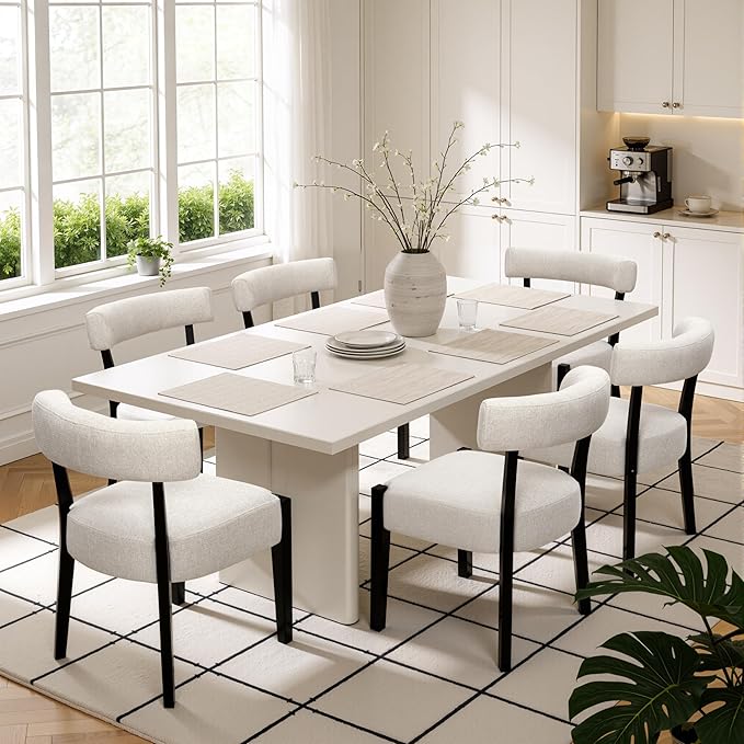 Modern Dining Chairs Set of 8, Upholstered Kitchen & Dining Room Chairs, Mid Century Modern Wooden Dining Chairs Oversized Sturdy Fabric Rounded Chairs Curved Back, Black and Beige