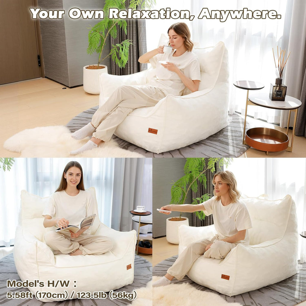 Oversized Fluffy Bean Bag Chair for Adults – Giant Cozy Bean Bag Sofa Chair with Armrests, Handle & Non-Slip Base for Your Reading Nook, Bedroom or Living Room(White-XL)
