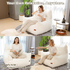 Oversized Fluffy Bean Bag Chair for Adults – Giant Cozy Bean Bag Sofa Chair with Armrests, Handle & Non-Slip Base for Your Reading Nook, Bedroom or Living Room(White-XL)