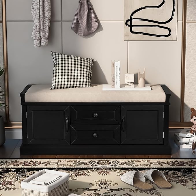 42″ Storage Bench with 2 Drawers and 2 Cabinets，Multipurpose Entryway Shoe Rack W/Removable Cushion，for Living Room Hallway Porch,Black