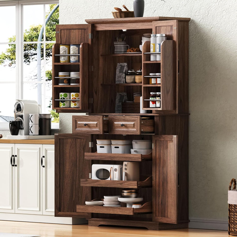 71" Tall Mid-Century Modern Kitchen Pantry with 3 Pull-Out Cabinets &amp...