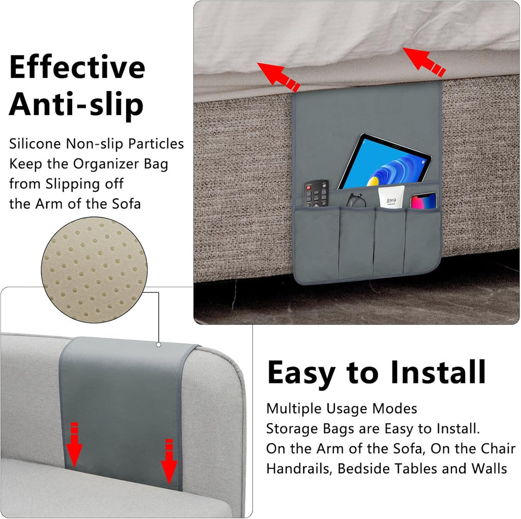 TV Remote Control Holder Couch Caddy, Non-slip Bedside Caddy Organizer with 5 Pockets for Key Glasses Phone Magazine Holders (Gray, 35"x12.4")