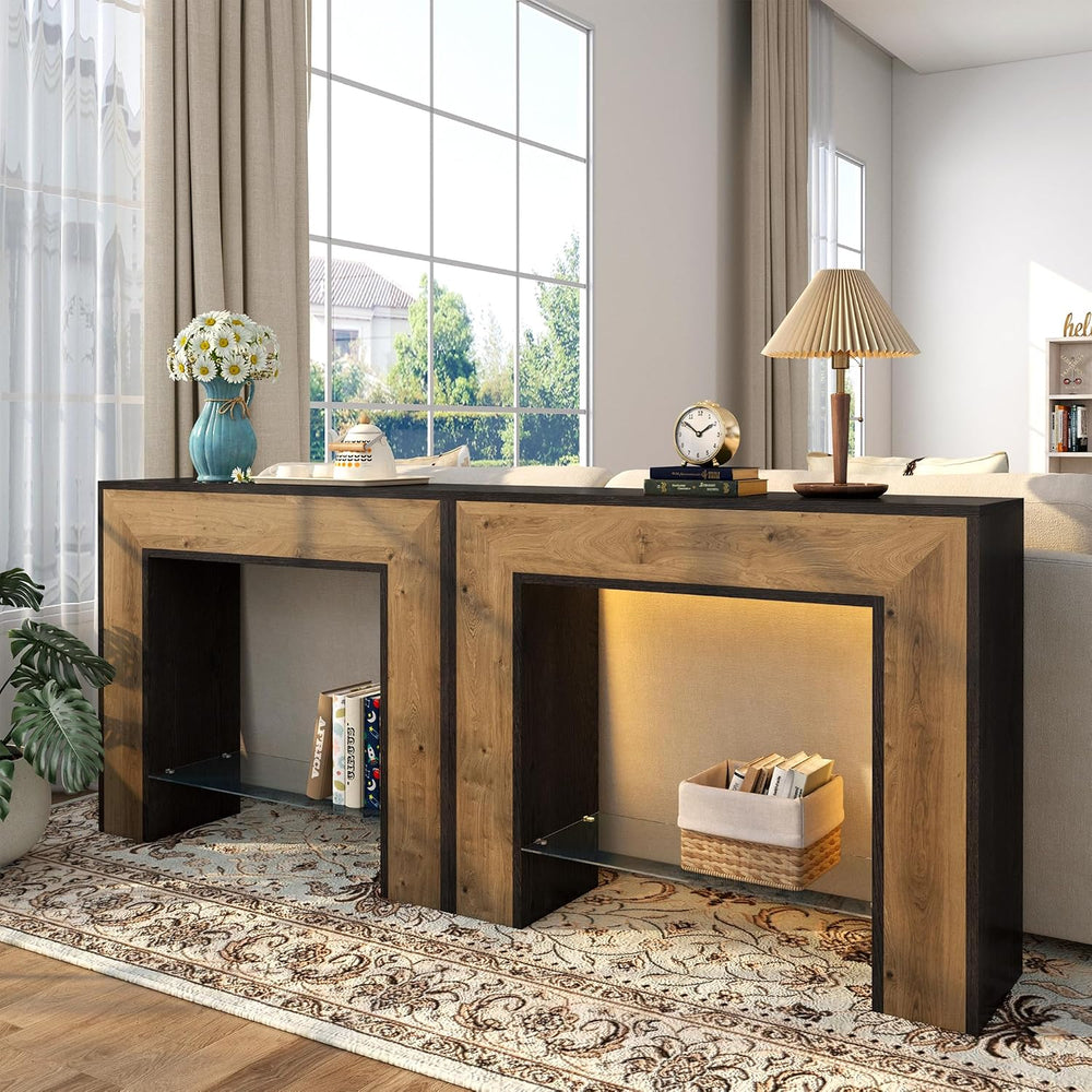 Rustic Console Table with Light, 41” Entryway Table with Glass Open Shelf | F...