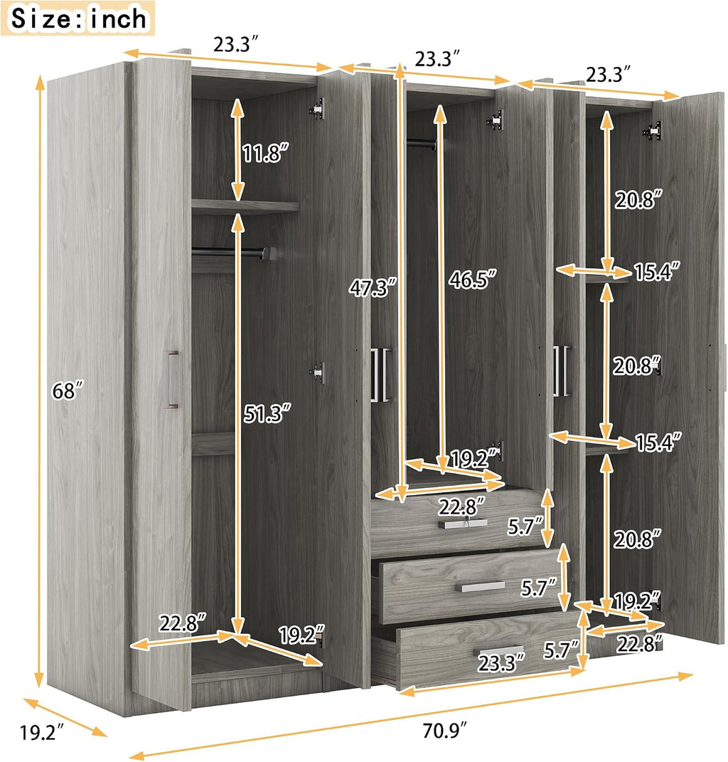 SOFTSEA 6 Doors Armoire Wardrobe Closet with Drawers, 70.9" Large Armoire Wardrobe Cabinet with Storage Shelves and 3 Hanging Rods, Bedroom Clothes Cabinet Organizer (Grey)