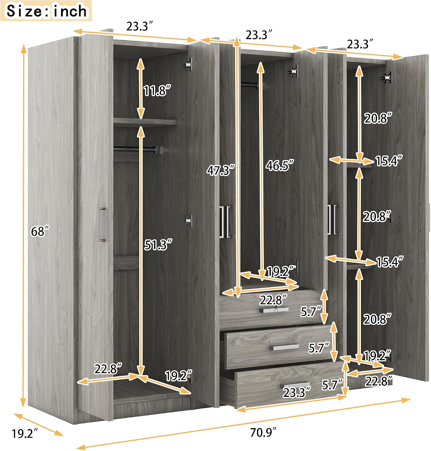 SOFTSEA 6 Doors Armoire Wardrobe Closet with Drawers, 70.9" Large Armoire Wardrobe Cabinet with Storage Shelves and 3 Hanging Rods, Bedroom Clothes Cabinet Organizer (Grey)