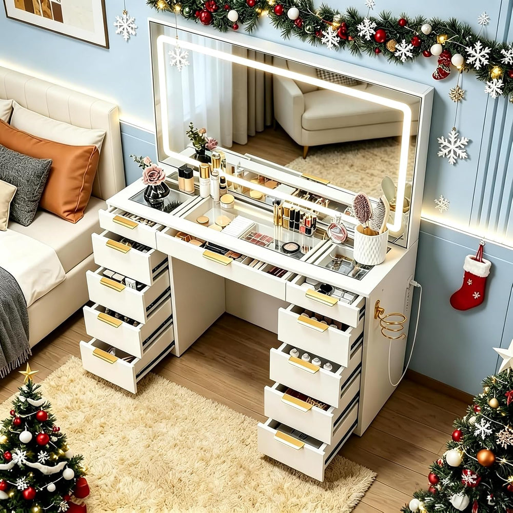 Pamapic Glass Top Vanity Desk with Mirror and Lights, 11 Drawers Makeup Vanit...