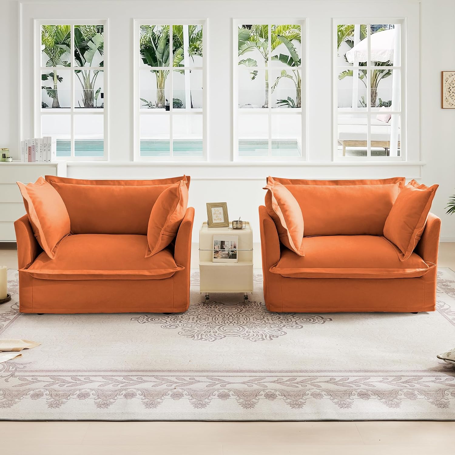 Aoowow Oversized Modular Sectional Sofa Chair Set of 2, 49” Chenille Fabric Single Armchair Comfy Deep Seat Couch Sofa with Big Toss Pillows for Living Room Apartment Office(Orange-Chenille)