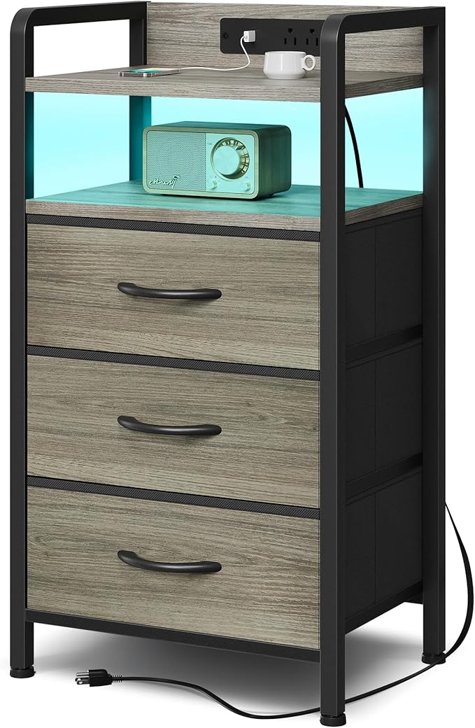 Night Stand with Charger Station - Grey Nightstand with LED Light Strip, Mord...