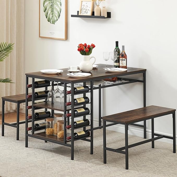 Garvee Dining Table Set for 4, Kitchen Table Set for 4 with 2 Benches, 3 Piece Dining Room Table Set for Small Space Apartment, Retro Brown