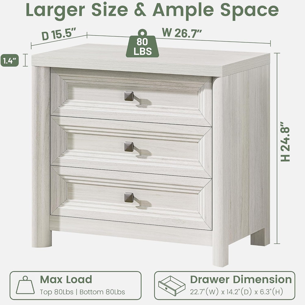 White Nightstand with 3 Drawers, Wood Night Stand with Metal Knobs, Farmhouse...