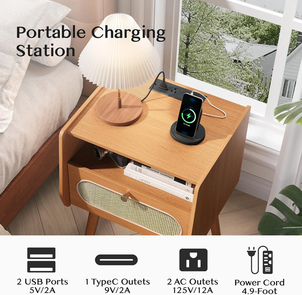 Nightstands Set of 2,Mid Century Modern Side Table with Charging Station &amp...