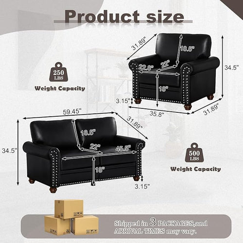 2 Piece Faux Leather Sofa Set,Modern Chair and Loveseat Sets with Storage,Mid Century Couch with Rivet Rolled Arm,Comfy Deep Seat Sofa,Furniture for Living Room,Office(Armchair+Loveseat,Black)