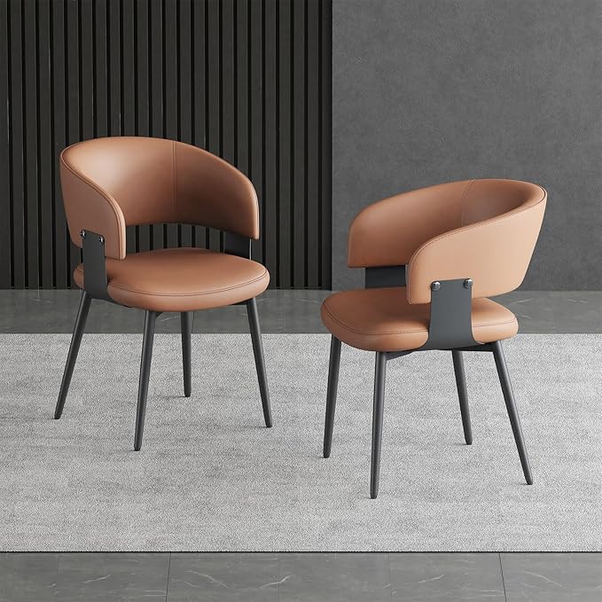 Modern Dining Chairs Set of 2, Faux Leather Upholstered Kitchen Chairs with Curved Back and Metal Legs, Mid Century Chairs for Dining Room, Kitchen, or Café (Brown)