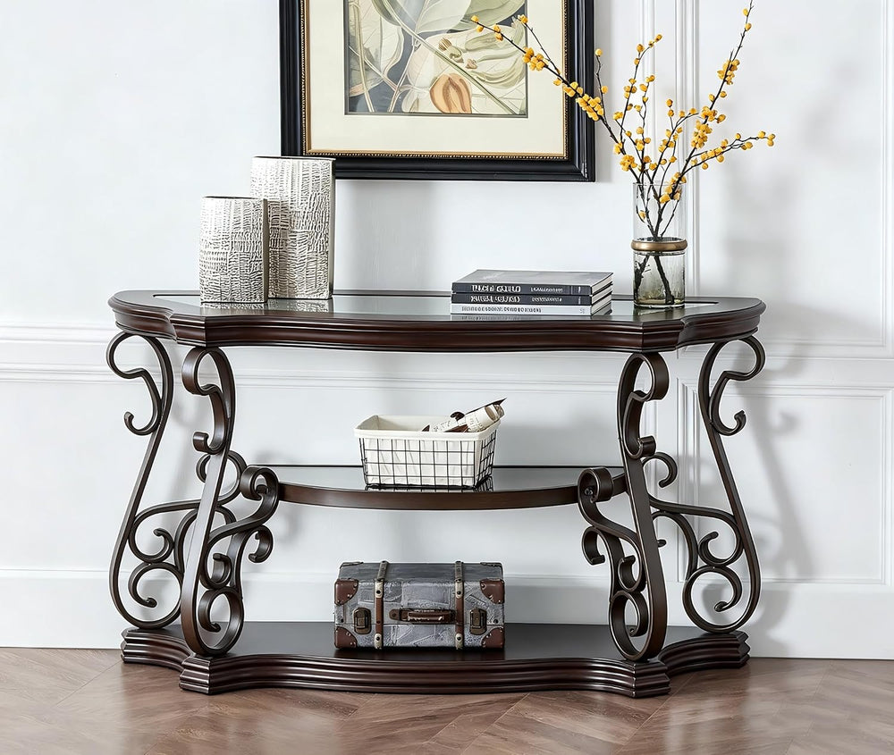 SSLine Vintage Curved Wood Console Table,Tempered Glass Top & Marble Shel...