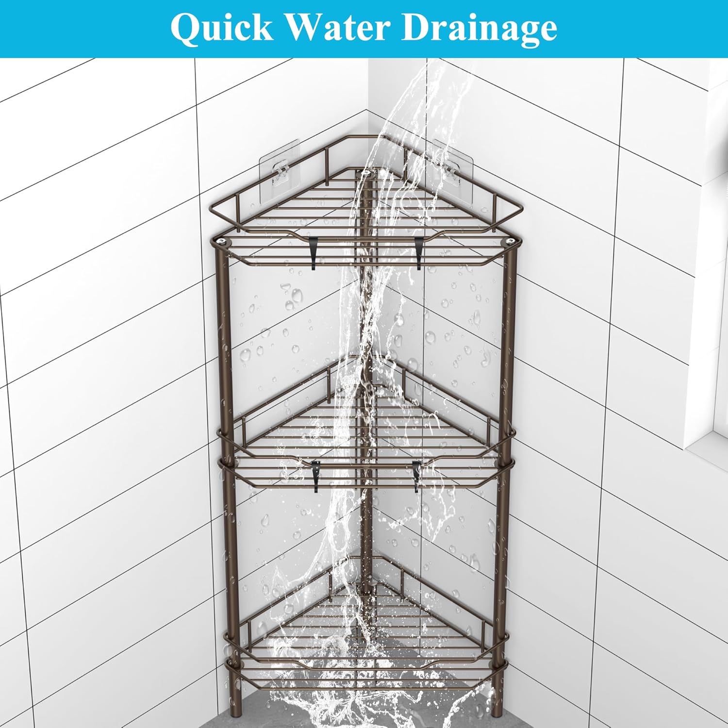 3 Tier Floor Standing Corner Shower Caddy Organizer Shelf with Hooks, Bathroom Shelves Stand Rack, Bronze